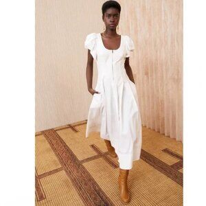 Ulla Johnson Malie Puff Sleeve Cotton Poplin Midi Dress Size 2 Bone White